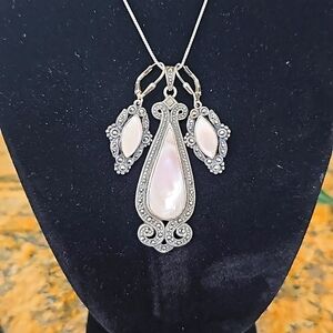 Mother of pearl, marcasite, and sterling pendant and earrings